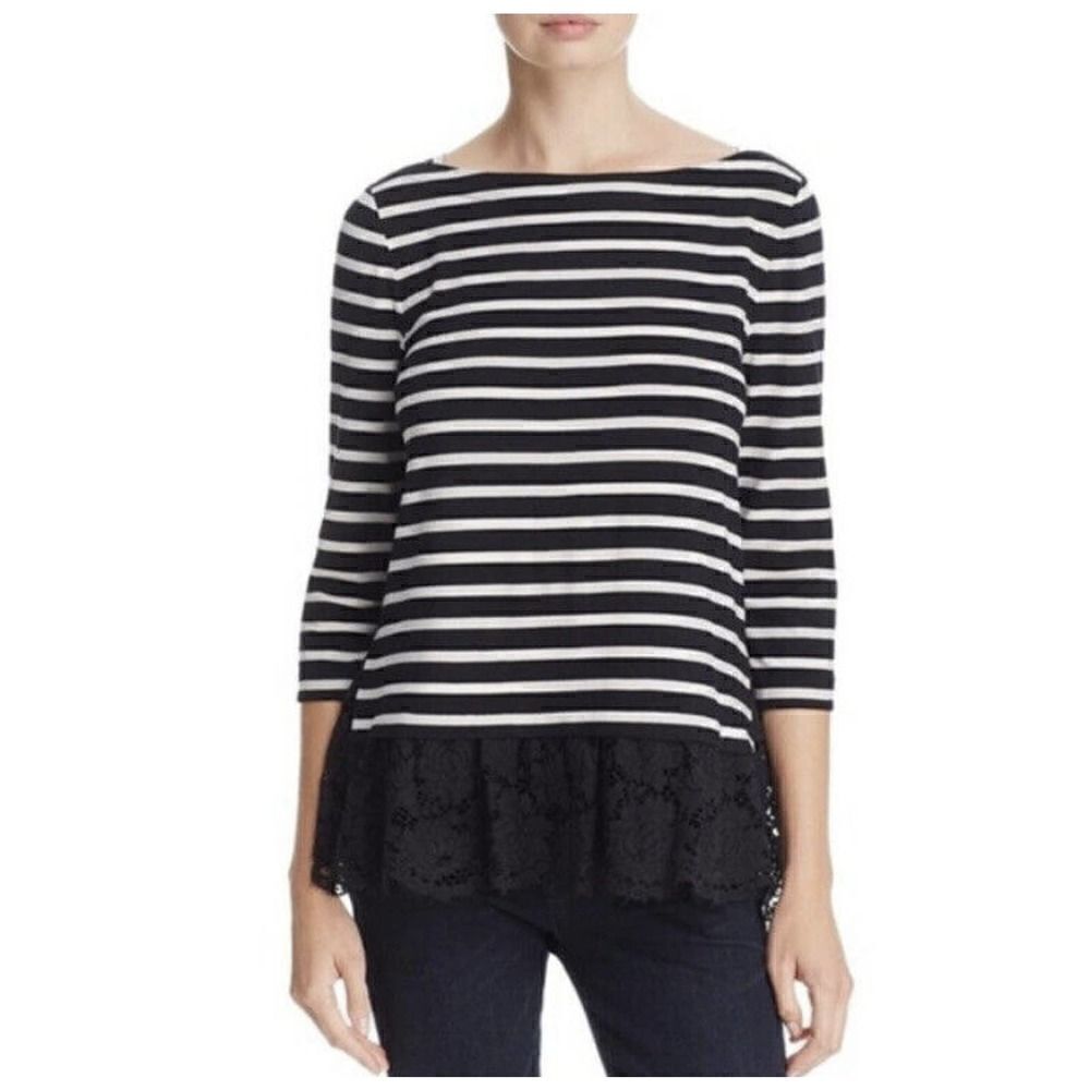 Kate Spade Broome Street Boatneck Black White Stripe 3/4 Sleeve Blouse Size S